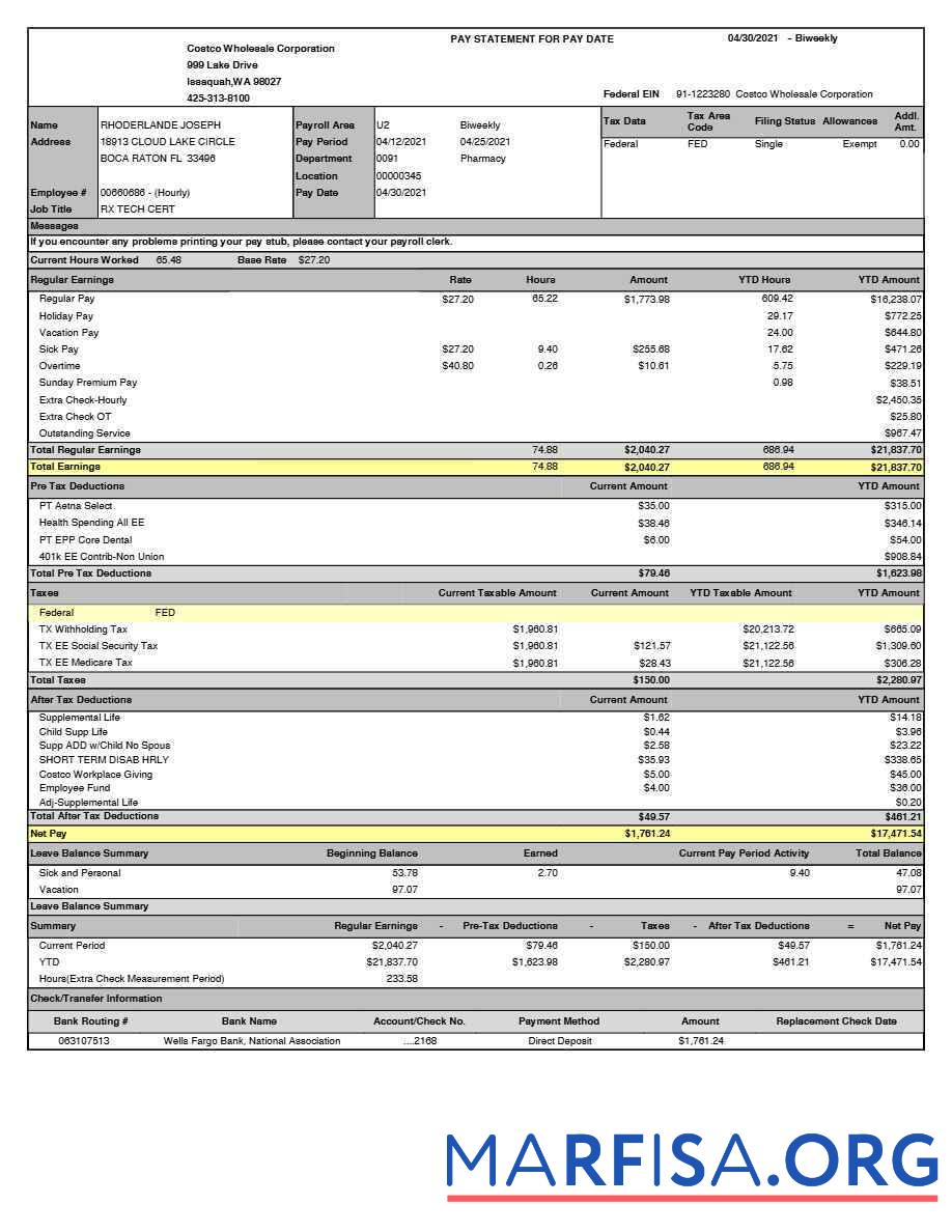 Realistic Costco Wholesale Corporation pay statement real example